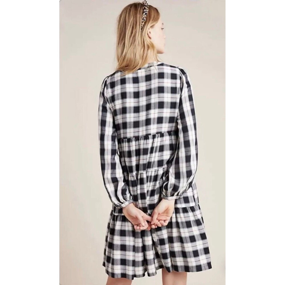 MAEVE Anthropologie Black Motif Amber Plaid Tiered Tunic Dress Flowy Boho Sz Med - Picture 7 of 12
